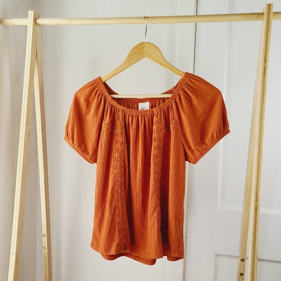Self Esteem Tops - Orange Babydoll Top Peasant Boho Lace